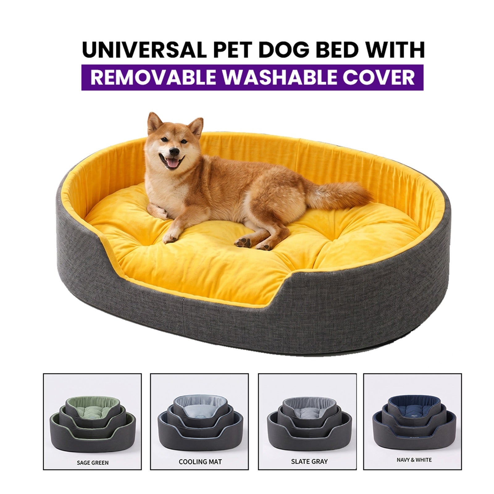 Dog lying on a yellow and gray pet bed with text about a removable washable cover.