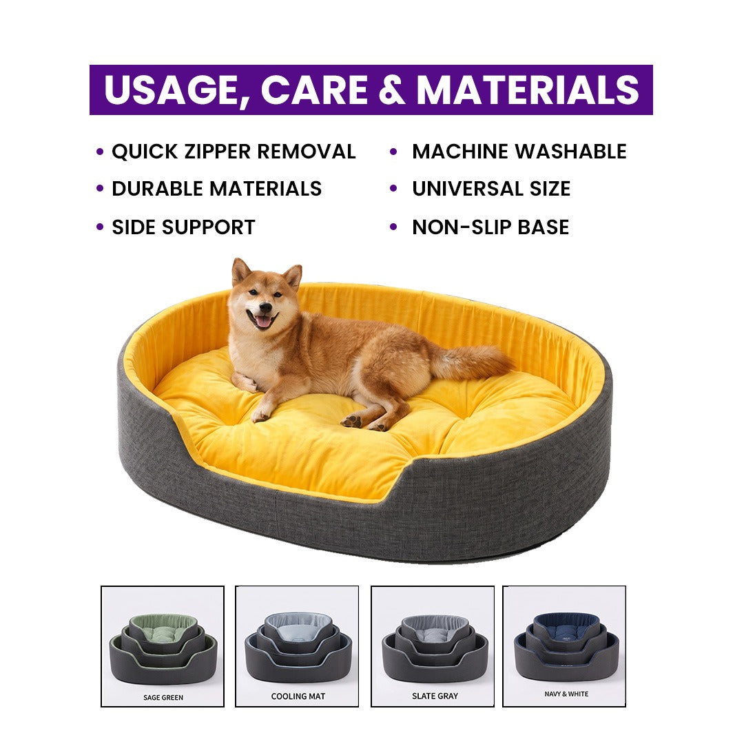 Dog bed with a Shiba Inu dog on it, featuring text about usage, care, and materials.