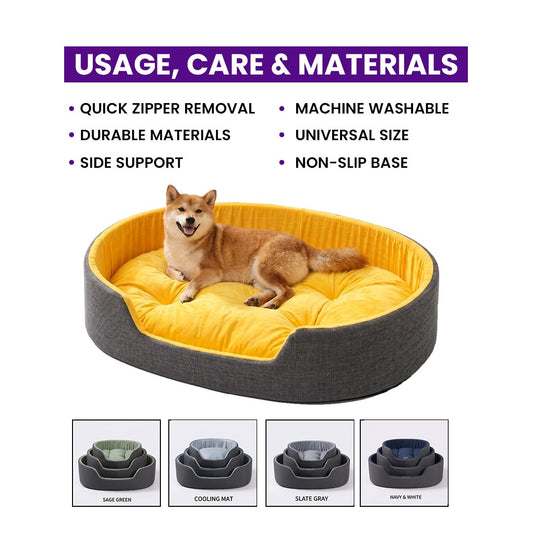Dog bed with a Shiba Inu dog on it, featuring text about usage, care, and materials.