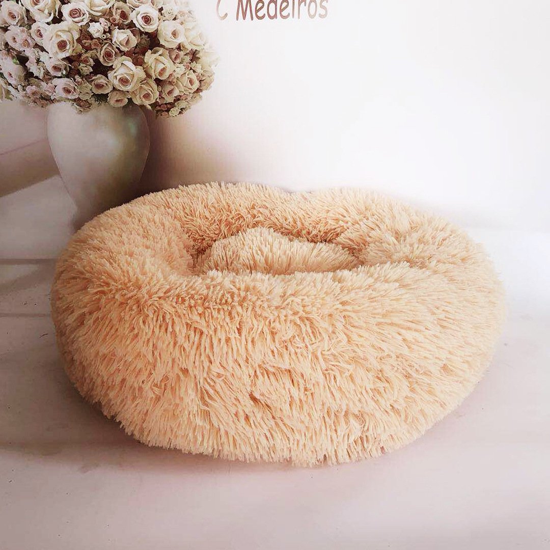 Plush Round Pet Bed — Fluffy Donut Bed with Removable Washable Cover