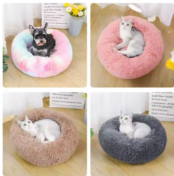 Plush Round Pet Bed — Fluffy Donut Bed with Removable Washable Cover