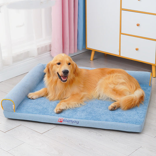 Grey chenille sofa dog bed with bolster edges for head support