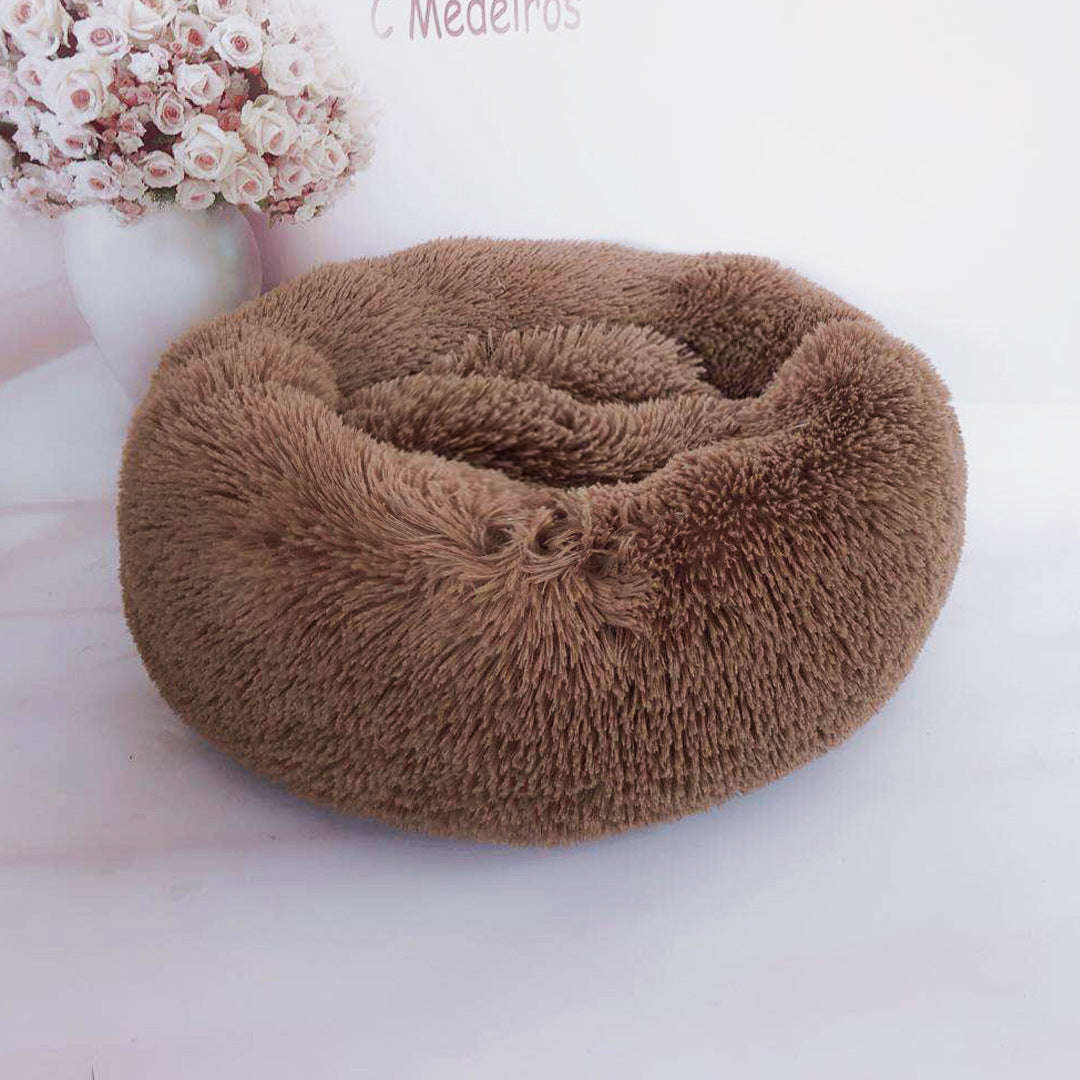 Plush Round Pet Bed — Fluffy Donut Bed with Removable Washable Cover